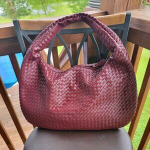 NEW Women’s Woven Vegan Leather Hobo Bag – Burgundy – Bottega Inspired